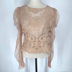 Peach Sheer Embroidered Mesh Puff Sleeve Top Regency Coquette Victorian Large